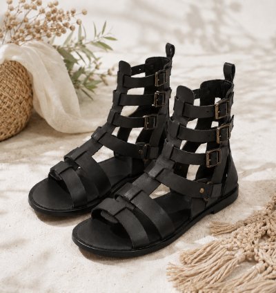Handmade Genuine Leather Gladiator Sandals In Black