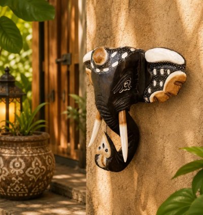 Hand Carved Elephant Head Wall Decor Balinese Albesia Wood Sculpture Boho Animal Art Accent In Black