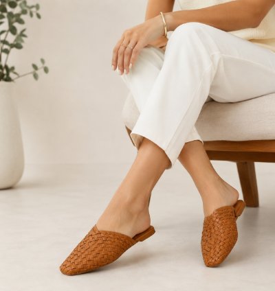 Handwoven Bali Leather Slides Womens Woven Sandals Anti-slip Flats In Tan