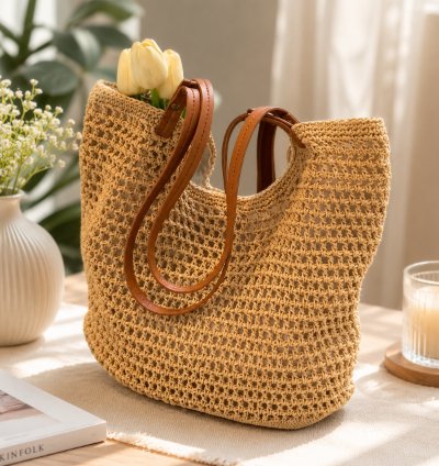 Korean Style Beach Shoulder Bag Handmade Crochet Tote For Travel