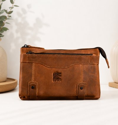 Premium Full Grain Crazy Horse Leather Mens Clutch In Tan