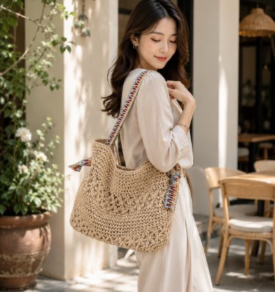 Handmade Woven Rattan Beach Tote Bag