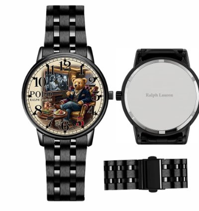 Luxury Gentleman Teddy Bear Cream Dial Mens Watch222 Black Steel