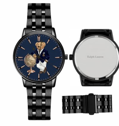 Elegant World Map Bear Navy Dial Mens Watch236 Black Steel