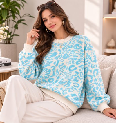 Womens Oversized Leopard Knit Sweater Blue Super Soft Premium Crewneck Pullover Cozy Thick Lightweight Jumper For Fa