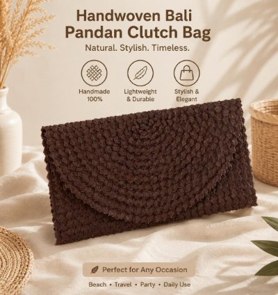 Handwoven Bali Pandan Clutch Bag Natural Woven Envelope Purse For Women Boho Summer Handbag In Brown
