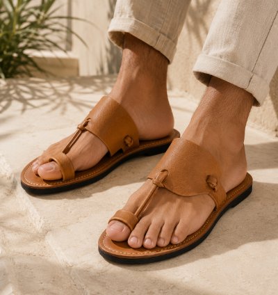 Handmade Genuine Leather Mens Sandals Tan Full Grain Leather Toe Ring Sandals Minimalist Summer Slide Sandals Casual ...