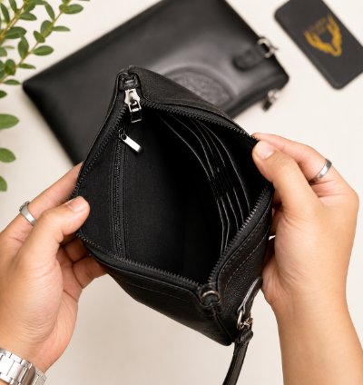 Mens Genuine Leather Handbag Black Full Grain Leather Clutch Waterproof Organizer Bag Handmade Leather Gift For Men