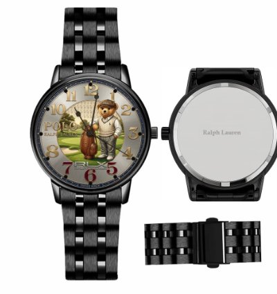 Sporty Golf Teddy Bear Theme Mens Wrist Watch223 Black Steel