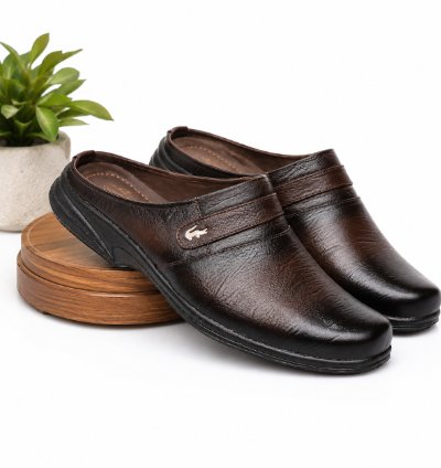 Mens Genuine Leather Slip-on Mule Sandals In Brown