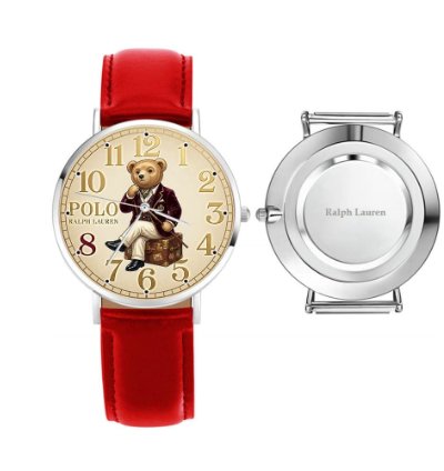 Preppy Dapper Sitting Bear Cream Dial Mens Watch235 Leather Red