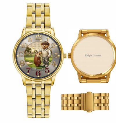 Sporty Golf Teddy Bear Theme Mens Wrist Watch223 Gold Steel