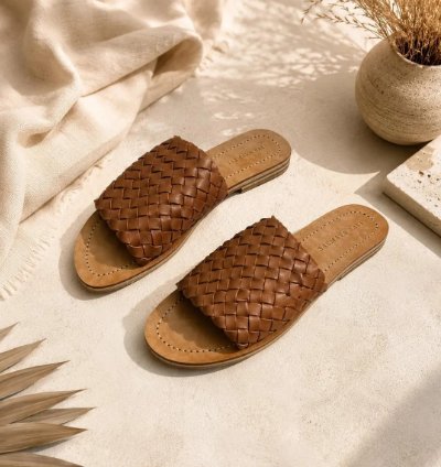 Handmade Bali Leather Slide Sandals Minimalist Boho Summer Flats In Caramel