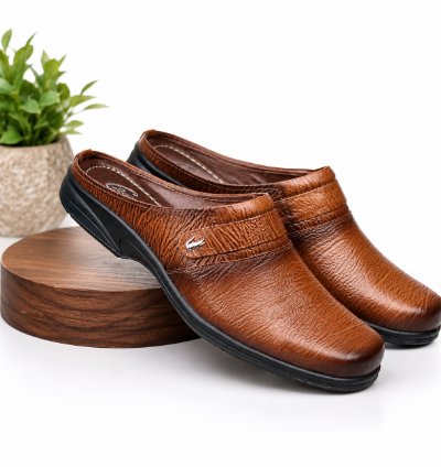 Mens Genuine Leather Slip On Sandals In Tan