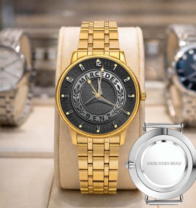 Mercedes Benz Sport Car Mens Watch Brake Caliper Dial Gold Metal Strap