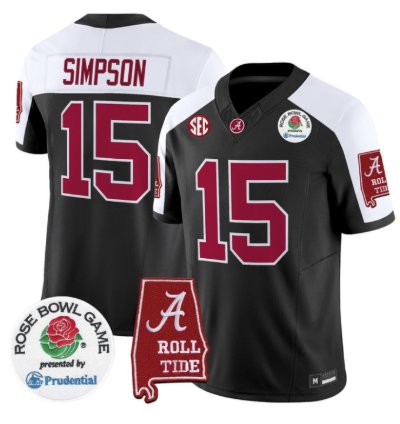 Ty Simpson Jersey 15 Alabama Crimson Tide 2026 Rose Bowl Patch Stitched Black Alter