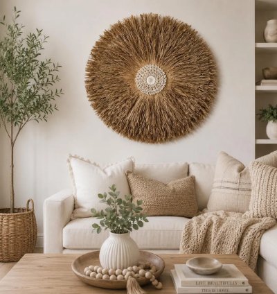 Handmade Rattan Wall Decor Boho Ethnic Geometric Shell Hanging 50cm