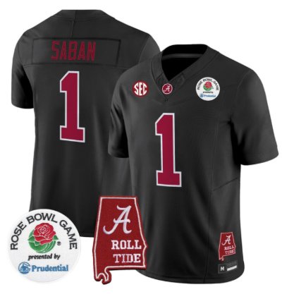 Nick Saban Jersey 1 Alabama Crimson Tide 2026 Rose Bowl Patch Stitched Black