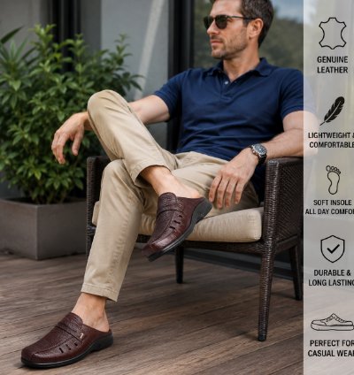 Mens Genuine Leather Mule Sandals Premium Cowhide Slip On Shoes Casual Leather Clogs Comfortable Summer Walking Shoes...