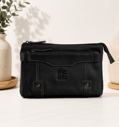 Premium Full Grain Crazy Horse Leather Mens Clutch In Black