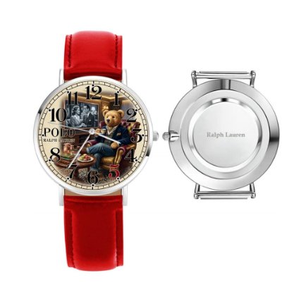 Luxury Gentleman Teddy Bear Cream Dial Mens Watch222 Leather Red