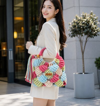 Handmade Macrame Crochet Shoulder Bag Colorful Boho Woven Purse For Women