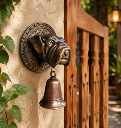 Vintage Bulldog Brass Door Bell Antique Style Wall Hanging Rustic Gate Decor
