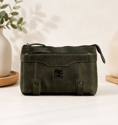 Premium Full Grain Crazy Horse Leather Mens Clutch In Green