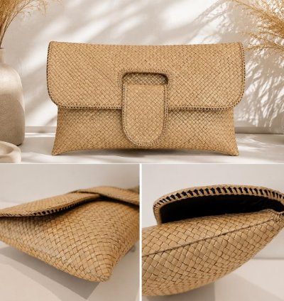 Handwoven Pandan Clutch Bag Natural Woven Evening Purse Eco Friendly Straw Handbag