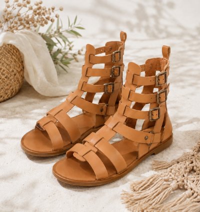 Handmade Genuine Leather Gladiator Sandals In Tan