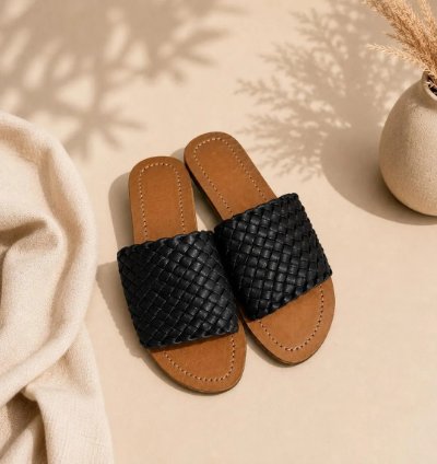 Handmade Bali Leather Slide Sandals Minimalist Boho Summer Flats In Black