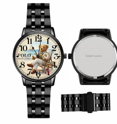 Sleek Beach Teddy Bear Illustration Mens Wrist Watch224 Black Steel