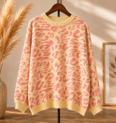 Womens Oversized Leopard Knit Sweater Yellow Super Soft Premium Crewneck Pullover Cozy Thick Lightweight Jumper For Fa