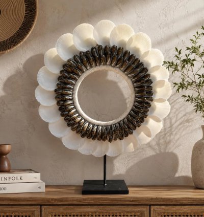 Handcrafted Cowrie Shell Sculpture Bali Coastal Boho Decor On Stand Design 1