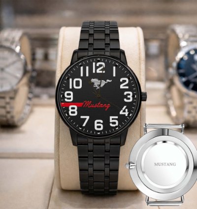 Ford Mustang Car Watch For Men Black Stainless Steel Strap Luxury Wristwatch