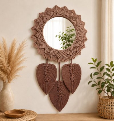 Jumbo Macrame Mirror Wall Decor Boho Leaf Accents Handmade Hanging Art