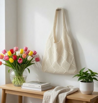 Womens Korean Style Handmade Knitted Tote Bag White Milk