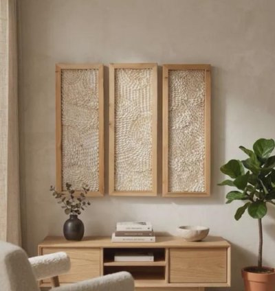 Handmade Seashell Wall Decor Minimalist Coastal Wooden Hanging 95x20cm
