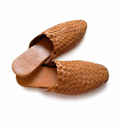 Handwoven Bali Leather Slides Womens Woven Sandals Anti-slip Flats In Tan