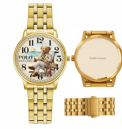 Sleek Beach Teddy Bear Illustration Mens Wrist Watch224 Gold Steel