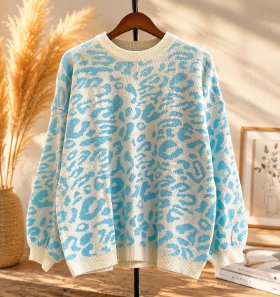 Womens Oversized Leopard Knit Sweater Blue Super Soft Premium Crewneck Pullover Cozy Thick Lightweight Jumper For Fa