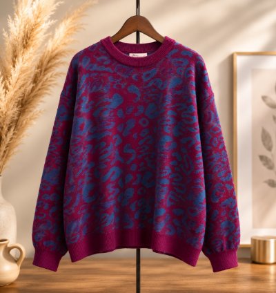 Womens Oversized Leopard Knit Sweater Purple Super Soft Premium Crewneck Pullover Cozy Thick Lightweight Jumper For Fa