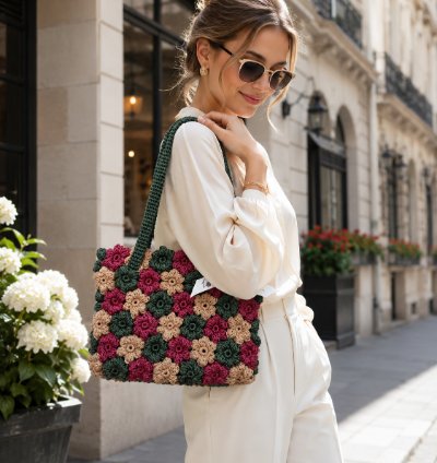 Handmade Puff Flower Crochet Tote Bag Custom Floral Shoulder Bag
