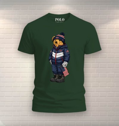 Patriotic American Bear Shirt Forest Green