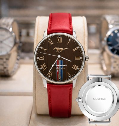 Ford Mustang Car Watch For Men Red Leather Strap Luxury Wristwatch