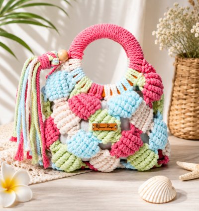 Handmade Macrame Crochet Shoulder Bag Colorful Boho Woven Purse For Women