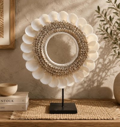 Handcrafted Cowrie Shell Sculpture Bali Coastal Boho Decor On Stand Design 2