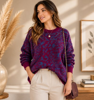 Womens Oversized Leopard Knit Sweater Purple Super Soft Premium Crewneck Pullover Cozy Thick Lightweight Jumper For Fa