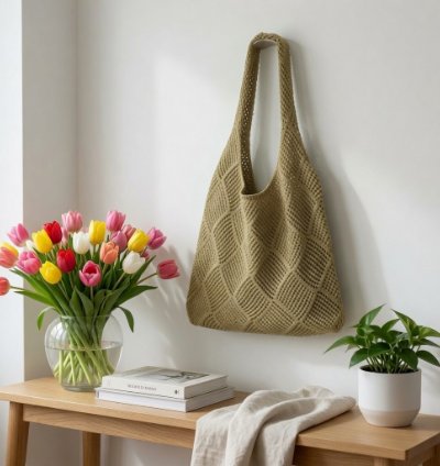 Womens Korean Style Handmade Knitted Tote Bag Khaki