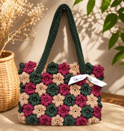 Handmade Puff Flower Crochet Tote Bag Custom Floral Shoulder Bag